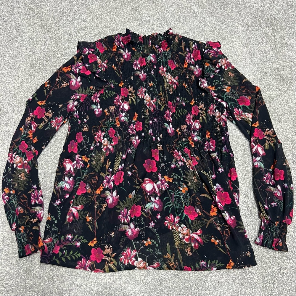 Ted Baker Top Womens 2 Black Enyya Fern Forest Floral High Neck Smock Blouse